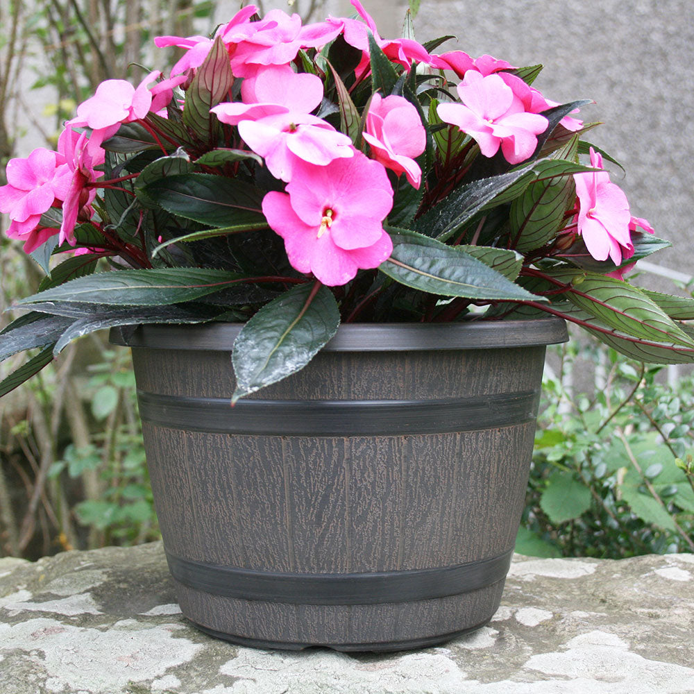 25cm Barrel Planter Dark Brown Plant Pot Outdoor Pots