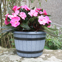 25cm Barrel Planter Stone Grey Plant Pot Outdoor Pots