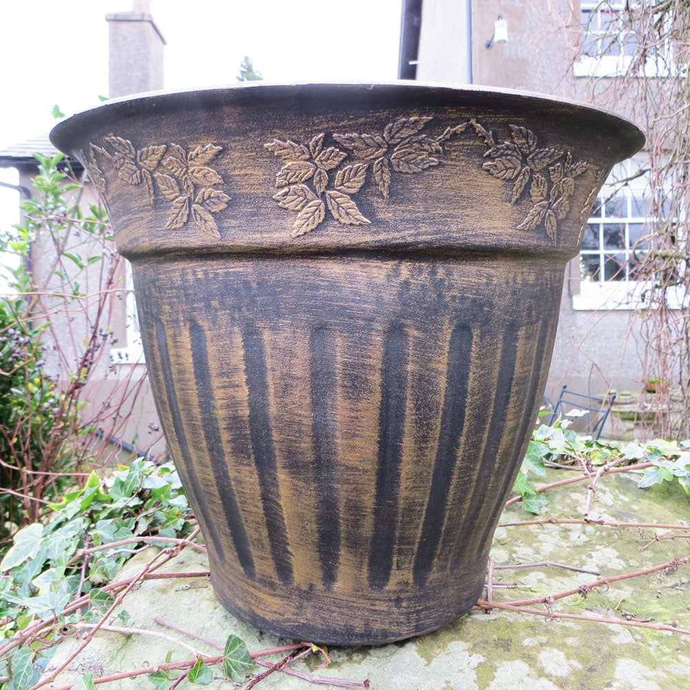 28cm Floral Fluted Planter Gold Plant Pot Outdoor Pots