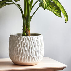 Arles Leaf Embossed White Planter 17cm Height 18cm Width Pots & Planters