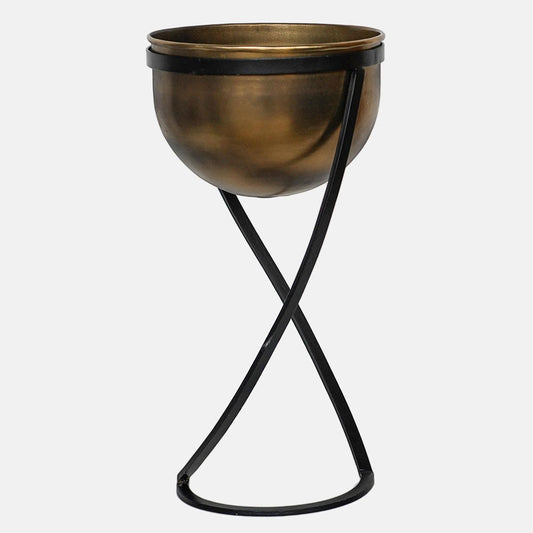 Indoor Kensington Tall Brass Metal Round Planter on Stand 42cm Height 20cm Width Pots & Planters