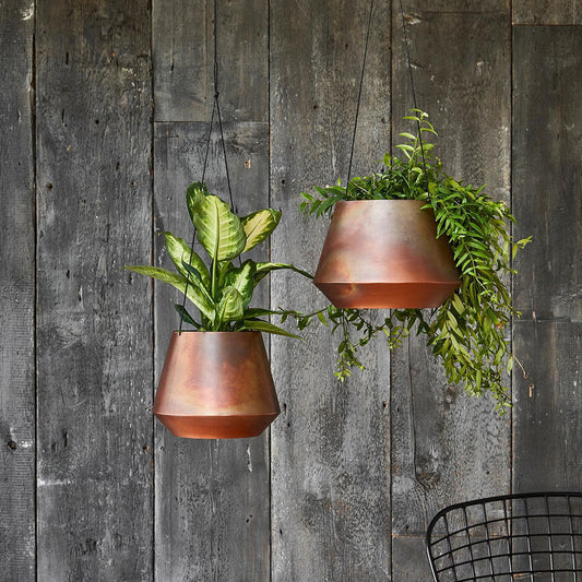Indoor Soho Aged Copper Hanging Planter with Leather Strap 15cm Height 19cm Dia Pots & Planters