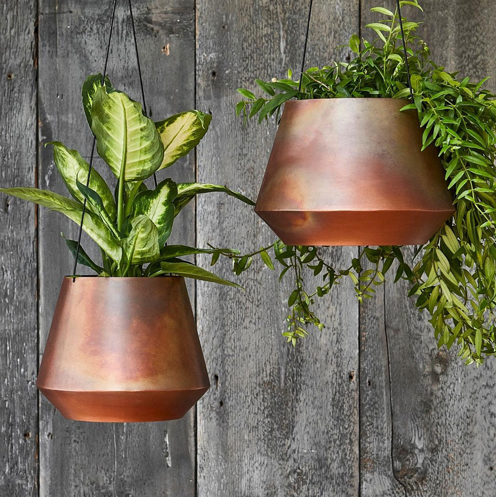 Indoor Soho Aged Copper Hanging Planter with Leather Strap 15cm Height 21cm Dia Pots & Planters