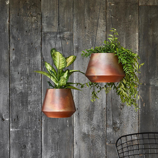 Indoor Soho Aged Copper Hanging Planter with Leather Strap 15cm Height 21cm Dia Pots & Planters