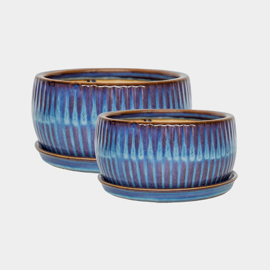 Sapphire Round Reactive Glaze Bonsai Planter Set of 2 Pots & Planters